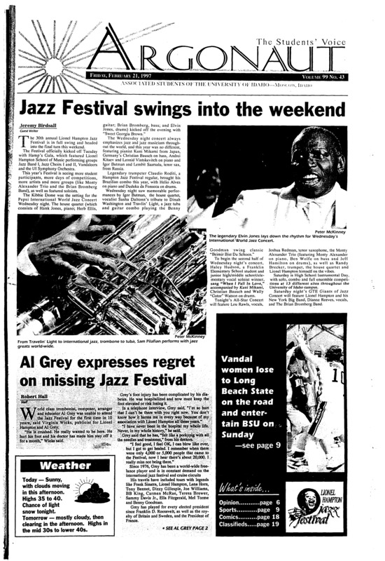 Jazz Festival swings into the weekend; Al Grey expresses regret on missing Jazz Festival; Vandals leaving mark on license plates (p3); Definition of rape undergoes scrutiny (p4); 13-year old killed in high-speed chase (p5); Ul appeals I-A rule (p10); International Friendship Association sprinkles culture, history on UI (p10)