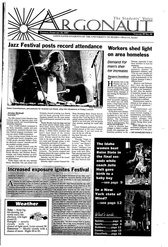 Jazz Festival posts record attendance; Workers shed light on area homeless: Demand for men's shelter increases; increased exposure ignites festival; Hampton makes visit to Lapwai children: Indian club performs dances for musicians (p3); Controversial business sells entrance essays: $20 and a few minutes on-line could get you into law school (p5); Diversity: UI's perceived race problem is fault of public relations, not students (p6); Vandals beat Broncos at buzzer: With the time running out, Kelli Johnson hits a 6-foot jumper to lift the Vandals over Boise state (p9);