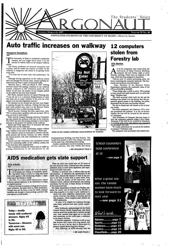 Auto traffic increases on walkway; 12 computers stolen from Forestry lab; AIDS medication gets state support; Internet vulnerable to abuse despite new policies (p5); Vandal women have a lot to look forward to (p11); Pacific earns the Big West bid in the NCAA tournament (p12)
