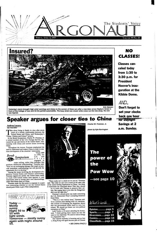 Speaker argues for closer ties to China; AIDS quilt coming to Idaho (p2); Comet visible from Moscow (p3); Bruder takes Vandals into Big West (p7)