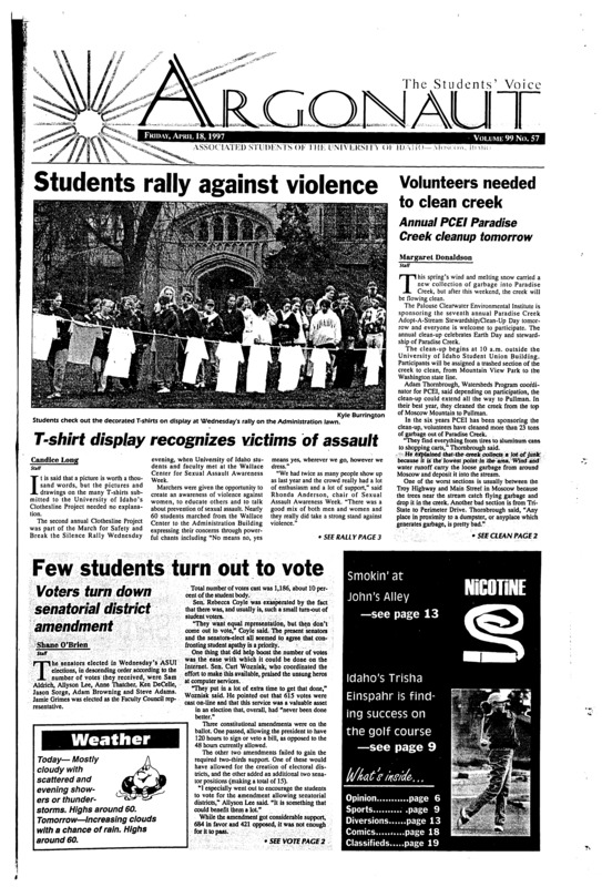 Students rally agiainst violence: T-shirt display recognizes victims of assault; Voulteers needed to clean creek: Annual PCEI Paradise Creek cleanup tomorrow; Few students turn out to vote: Voters turn down senatorial district amendment; Group influences politics: League of Women Voters seeks new members (p3); Nationally acclaimed psychologist to do workshop (p4); Abuse awareness not just for men (p8)