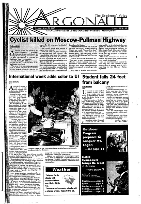 Cyclist killed on Moscow-Pullman Highway; International week adds color to UI; Student falls 24 feet from balcony; Habib Symposium brings world environmental issues home (p3); Defense says someone wore Diaz's shoes for killing (p4)