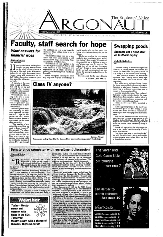 Faculty, staff search for hope: Want answers for financial woes; Swapping goods: Students get a head start on textbook buying; Senate ends semester with recruitment discussion; Rising health care costs aggravate no pay raise (p4); Common law court clerk and son charged with forging documents (p4)