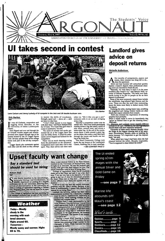 UI takes second in contest; Landlord gives advice on deposit returns; Upset faculty want change: Say a standard test should be used for hiring; Bloomsday '97—the history continues (p3); Sullivan leads UI golfers in Big West championships (p10)