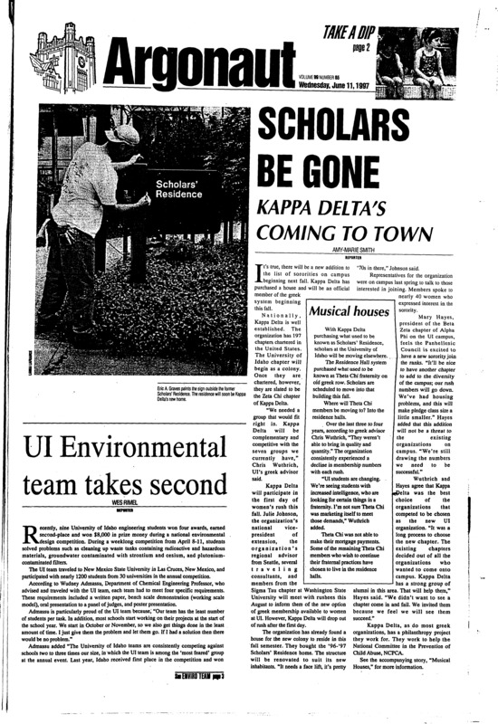 Scholars be gone: Kappa Delta's coming to town; UI Environmental team takes second; Portland band returns to Moscow (p4); Real massacre is ancient history (p6); Department benches UI team (p7)