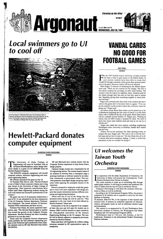 Local swimmers go to UI to cool off; Vandal cards no good for football games; UI welcomes the Taiwan Youth Orchestra; Hewlett-Packard donates computer equipment; Potato fungus found in Eastern Idaho fields (p2); Former UI quarterback starting for Seahawks (p3); Discrimination, a subtlety (p6)