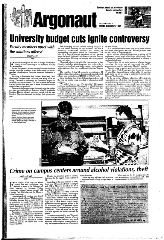 University budget cuts ignite controversry: Faculty members upset with the solutions offered; Crime on campus centers around alcohol violations, theft; Car burglaries, book bag theft continue to plague campus; Four people killed in Washington storm (p2); New commission to set high school exiting standard (p3); Phony ads promise free financial aid, rip students off (p4)