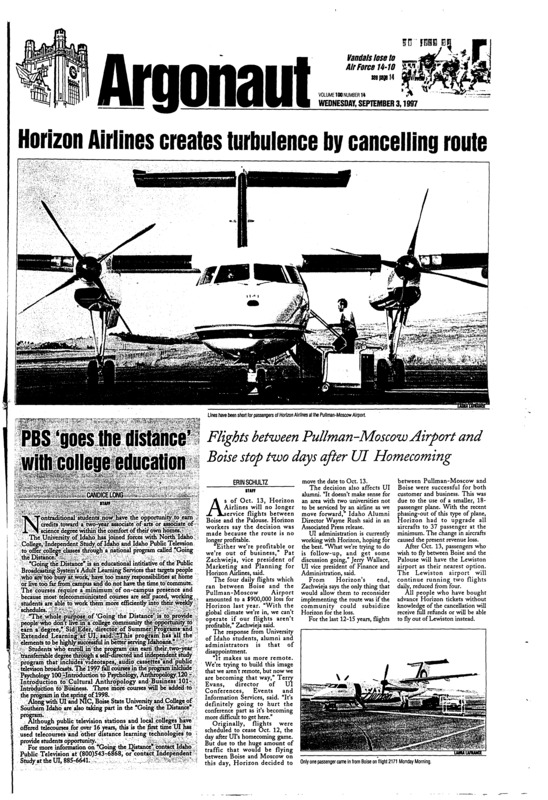 Horizon Airlines creates turbulence by cancelling route; PBS 'goes the distance' with college education; Flights between Pullman-Moscow and Boise stop two days fater UI Homecoming; Halogen lamps pose fire threat (p3); Bride pays with life for 'sullying' family honor in Egypt (p5)