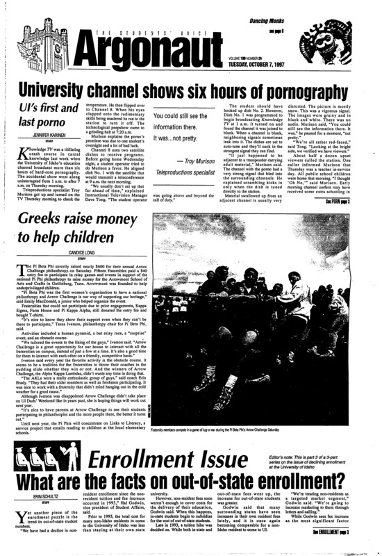 University channel shows six hours of pornography: UI's first and last porno; Greeks raise money to help children; What are the facts on out-of-state enrollment?; Freshman medical students give WAMI high marks (p4); Vandal defense ignites offensive attack (p11)