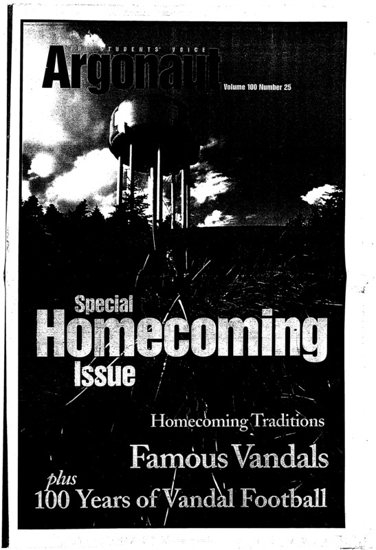 University of Idaho: Baptism by fire (p3); Homecoming a time for traditions (p4); 'Searcher of the Golden Fleece' continues its quest (p6); First Joe Vandal embraces tradition (p12); University life a different experience for foreigners (p20);