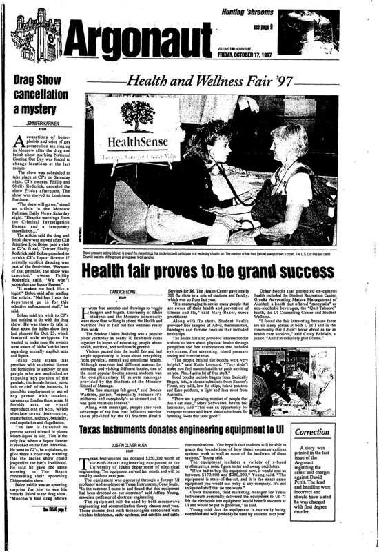 Drag Show cancellation a mystery; Health fair proves to be a grand success; Texas Instruments donates engineering equipment to UI; Women's sports move toward equality (p3); Horizon Air quitting on the students at UI and WSU (p6); The story behind the drag (p10); Idaho to play in championship game one (p13)
