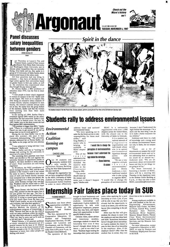 Panel discusses salary inequalities between genders; Students rally to address environmental issues: Environmental action coalition forming on campus; Internship fair takes place today in SUB; Student support services offers new scholarships to at-risk students (p4); UI vehicles do get tickets -- sometimes (p5); WSU zoologist 'digs' the dirty work (p5); Vandals shut down North Texas and New Mexico in quest for a conference title (p14)