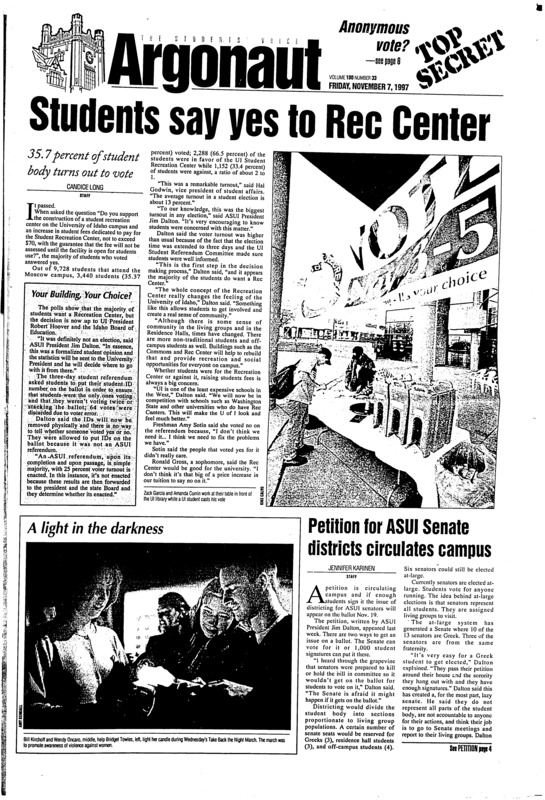 Students say yes to Rec Center: 35.7 Percent of student body turns out to vote; Petition for ASUI Senate districts circulates campus; GEM recieves honor from Associate Collegiate Press (p4); Kenyan women: Same rights, different roles (p5); UI needs salary equity (p7); UI seeks revenge over Boise State (p11); The NBA changes faces (p12)