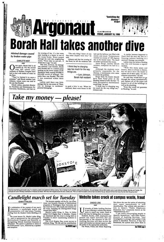 Borah Hall takes another dive; Candlelight march set for Tuesday; Website takes crack at campus waste, fraud; Fatal shooting declared justifiable homicide (p2); Kennewick man dies mysteriously in WSU Dormitory (p2); Bits of culture needed for educational kits (p3); University to honor Martin Luther King today (p4); Ten compete Wednesday for Miss U of I title (p5); SUB Art gallery unveils nightmarish exhibit (p8)