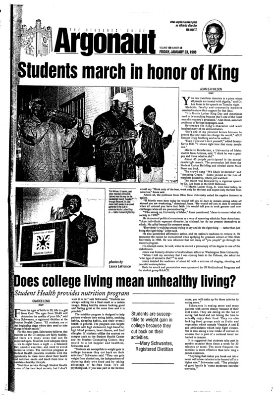 Students march in honor of King; Does college living mean unhealthy living?: Student Health provides nutrition program; Man faces trial on federal murder charge (p2); UI welcomes new director of Multicultural Affairs: Small office has big plans, Walker say (p3); Fight insomnia with net games: A web review by Amy Sanderson (p10)