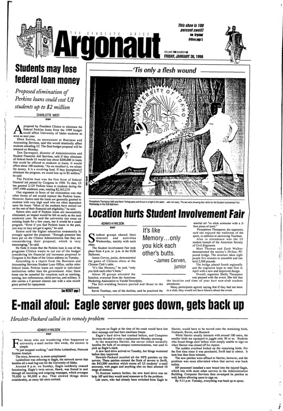 Students may lose federal loan money: Proposed elimination of Perkins loans could cost UI students up to $2 million; Location hurts Student Involvement Fair; E-mail afoul: Eagle server goes down, gets back up; Alumni raise funds to resurrect tradition: $40,000 needed to bring chimes back (p3); UI film club to host festival this April (p8); Good movies you shouldn’t watch with your parents (p9)
