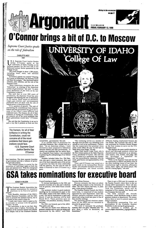 O’Connor brings a bit of D.C. to Moscow: Supreme Court Justice speaks on the role of federalism; GSA takes nominations for executive board; Feds seeks dismissal of manslaughter charge against FBI sniper (p2); Make sure Cupid’s got condoms, not just chocolates: American Social Health Association urges protected sex this Valentine’s Day (p3); Judd jumps to high success, bar none (p12)