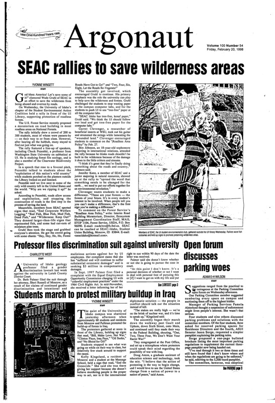 SEAC rallies to save wilderness areas; Professor files discrimination suit against university; Open forum discusses parking woes; Students march to protest military buildup in Iraq; Annex plays Moscow on way home (p9); Modest Mouse plays Pullman: A band review by Mike Last (p10)