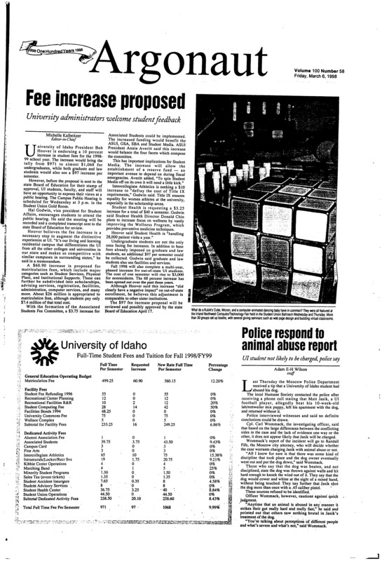 Fee increase proposed: University administrators welcome student feedback; Police respond to animal abuse report: UI student not likely to be charged, police say; UI professor explores women’s history (p3); Liftkit levies new position as house band for CJ’s (p8)
