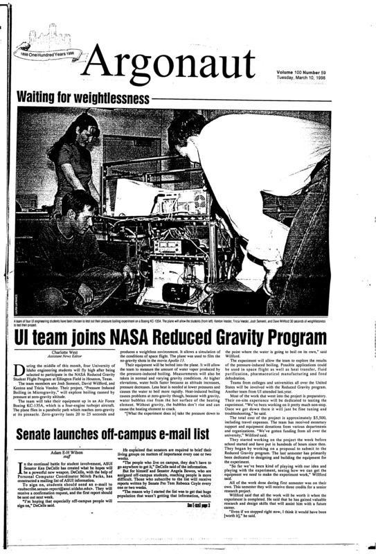 UI team joins NASA Reduced Gravity Program; Senate launches off-campus e-mail list; Appellate court upholds sentence in Moscow murders (p2); March marks National Women’s History Month: Departments plan activities remembering women’s accomplishments (p4); Judge denies motion to suppress evidence (p5); Mardi Gras 1998 (p10); Fantastic fiddlers to play SUB (p12)