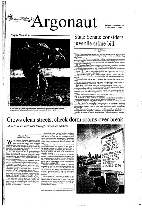 State Senate considers juvenile crime bill; Crews clean streets, check dorm rooms over break: Maintenance will walk through, check for damage; Overflow of artwork stuffs SUB (p6); It’s spring break all over the place (p7)