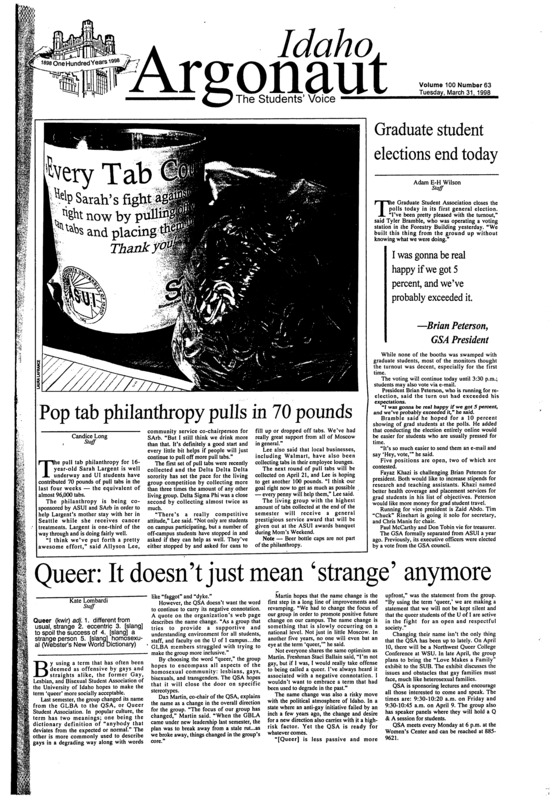 Graduate student elections end today; Pop tab philanthropy pulls in 70 pounds; Queer: It doesn’t just mean ‘strange’ anymore; Architecture students identify buildings for UI historic district: U-Hut, other doomed buildings on list (p4); The Suicide Machines prove relatively harmless (p11); AIDS lectures offer double-dose of tragedy and inspiration (p12)