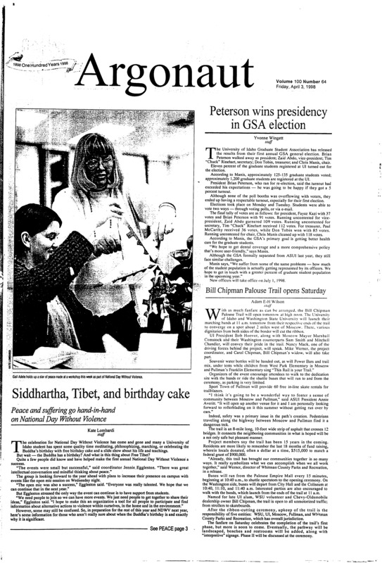Peterson wins presidency in GSA election; Bill Chipman Palouse Trail opens Saturday; Siddhartha, Tibet, and birthday cake: Peace and suffering go hand-in-hand on National Day without Violence; Stranger Neighbor packs punch with CD debut (p8); Dancing, food, ad fun at IndiaFest ‘98 (p8)