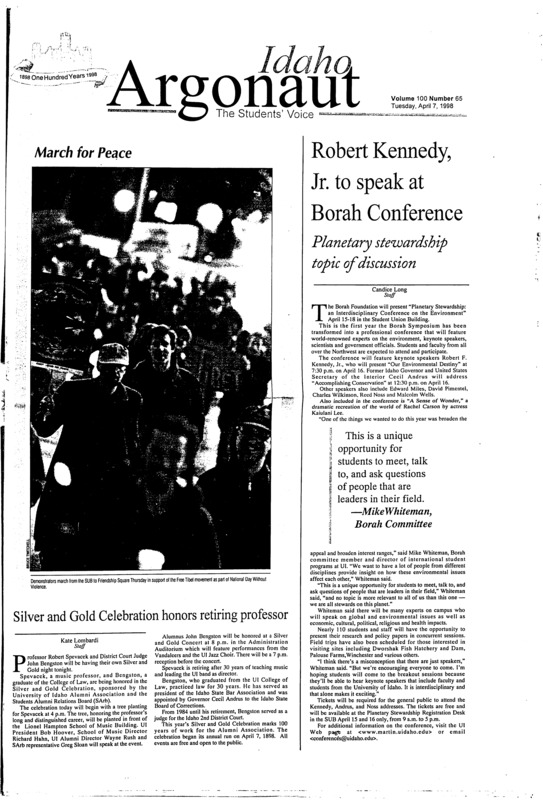 Robert Kennedy Jr. to speak at Borah Conference: Planetary stewardship topic of discussion; Silver and Gold Celebration honors retiring professor; Stuff your face with marshmallows, it’s spring!: Residence Halls celebrate Spring Fling (p4); The buzz on the Mosquitones (p12)