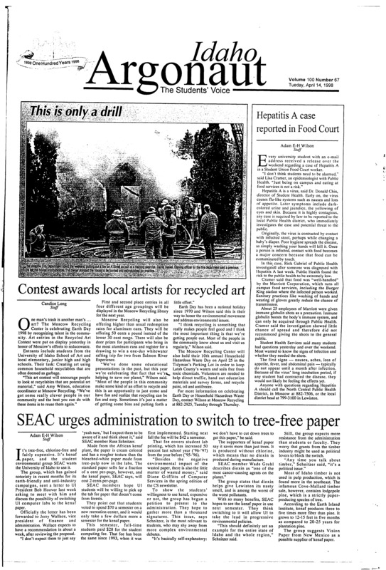 This is only a drill; Hepatitis A case reported in Food Court; Contest awards local artist for recycled art; SEAC urges administration to switch to tree-free paper; ‘Lorax’ speaks for the teens (p3); Laura’s Tea and Treasure to host musical gems (p10)