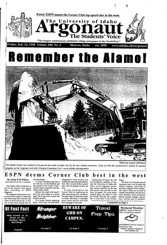 Remember the Alamo!; ESPN deems Corner Club best in the west; Topless on the town: End discrimination now! (p2); Beware of GHB on campus (p2); Stranger Neighbor in the hood (p2)