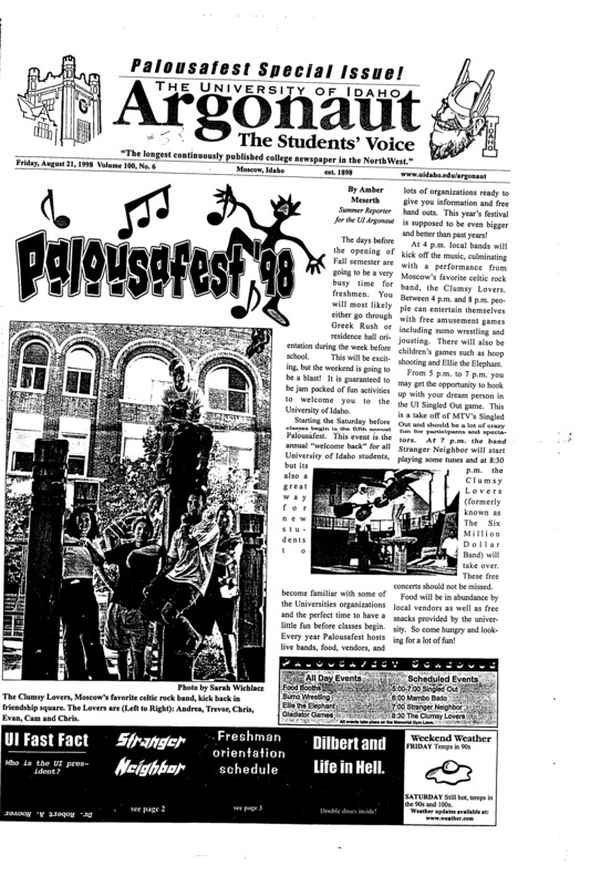 Palousafest ‘98; Residence Halls: The breakdown (p5); Skaters of Moscow unite! (p6); Watch out for GHB on campus (p7) The Argonaut welcomes Life in Hell (p12)