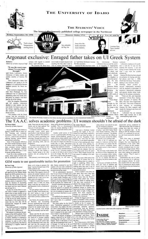 Argonaut exclusive: Enraged father takes on UI Greek System; The T.A.A.C. solves academic problems; UI women shouldn’t be afraid of the dark; GEM wants to use questionable tactics for promotion; Jazz great James Cotton makes his way to Washington State (p8)