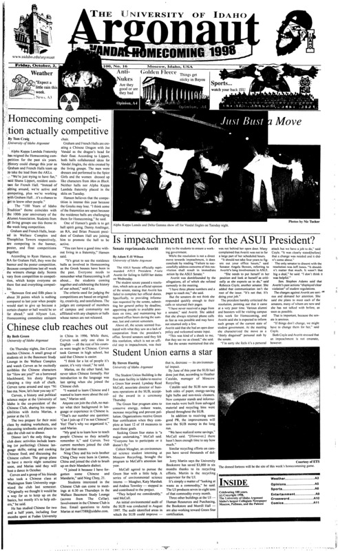 Homecoming competition actually competitive; Is impeachment next for the ASUI President; Chinese club reaches out; Student Union earns a star; Crime log (p3); Marilyn Manson still better than Hanson (p9)