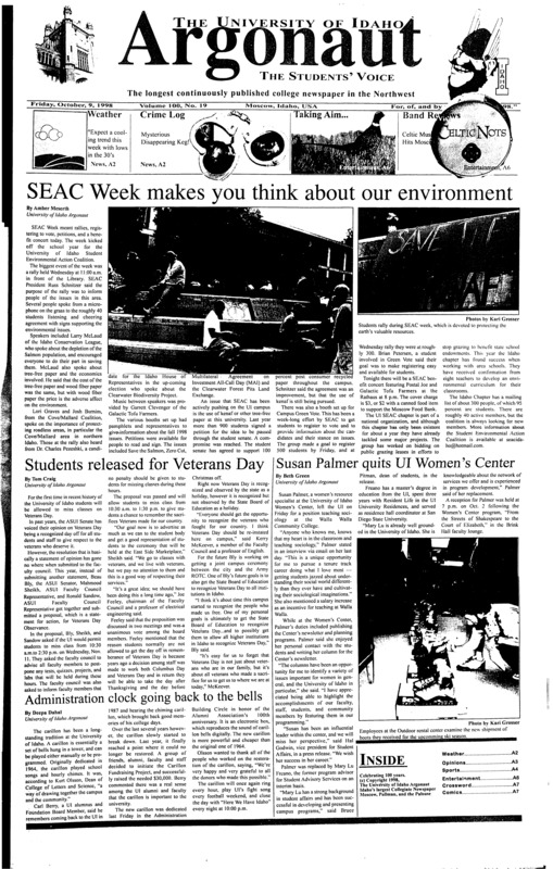 SEAC Week makes you think about our environment; Students released for Veterans Day; Susan Palmer quits UI Women’s Center; Administration clock going back to the bells; Crime Log for 10/2/98 to 10/5/98 (p2); Nots hits the spot: Celtic Nots play SUB ballroom (p6); The magic of pheasant hunting in Idaho (p6)