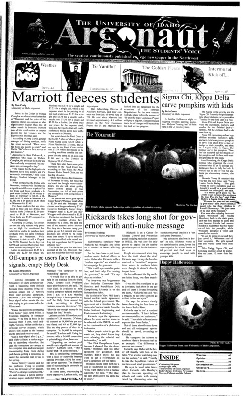 Marriott fleeces students; Sigma Chi, Kappa Delta carve pumpkins with kids; Rickards takes long shot for governor with anti-nuke message; Off-campus pc users face busy signals, empty Help Desk; Bunny Foot Charm and others play Pullman (p7); You won’t have to keep it clean at Tubaween (p7); Halloween Round-up (p7);New Vanilla Ice album likely to cause gagging (p8)