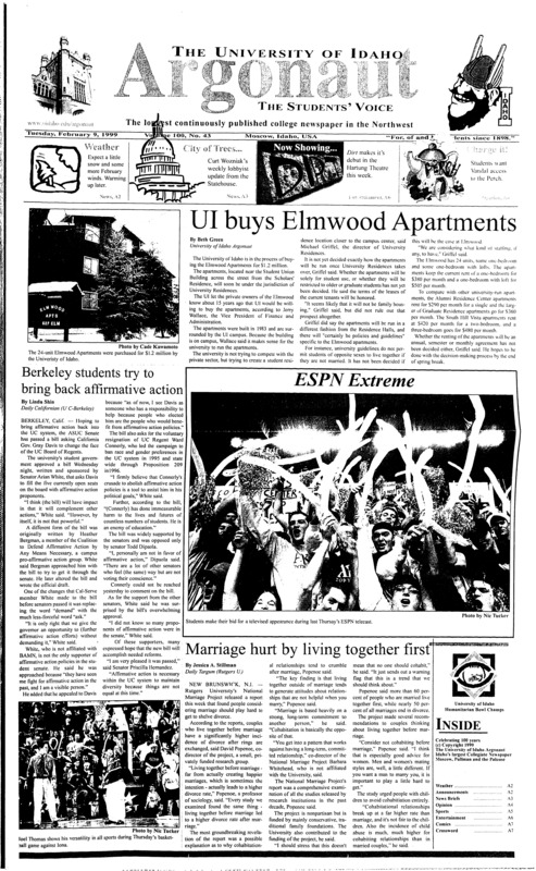 UI buys Elmwood Apartments; Berkeley students try to bring back affirmative action; Marriage hurt by living together first; UI downs North Texas: Vandals on a roll as they face New Mexico state back-to-back (p5); Six-year-boy racks up snowmobiling trophies (p5);