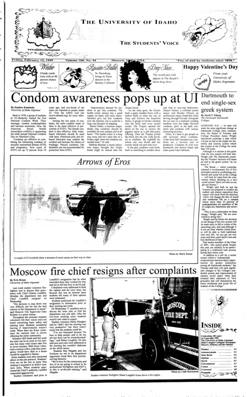 Condom awareness pops up at UI; Dartmouth to end single-sex Greek system; Arrows of eros; Moscow fire cheif resigns after Complaints; One third of Americans Sexually dysfunctional (p2); Tosi, IDaho men hold off New Mexico (p5); Shakespeare and Ryan dominate academy award nominations (p8);