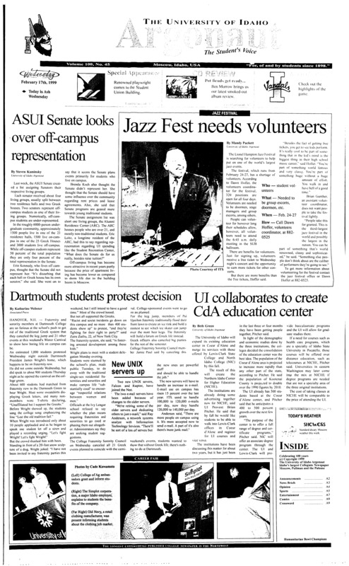 ASUI senate looks over off-campus representation; Jazz fest needs volunteers; Dartmouth students protest decision; UI Collaborates to create CdA education center; New Unix Servers up; Vandal man Spank not so mean Green 85-66 (p5); Who really cares about Mike Tyson (p5);