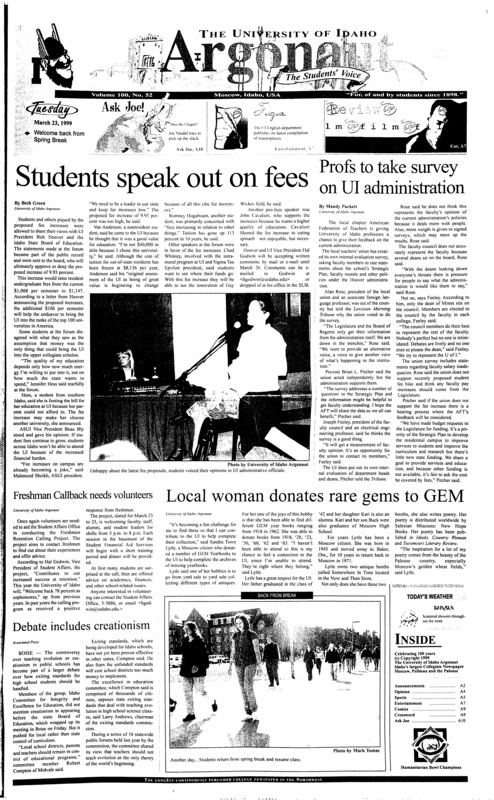 Students speak out on fees; Profs to take survey on UI adminstration; Freshman callback needs volunteers; Local woman donates rare gems to GEM; Debate includes creationism; Human rights are not a politcal tool (p4); UI Baseball handed tough losses over break (p5);