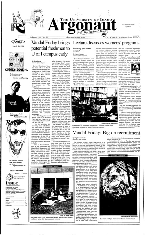 Vandal friday brings potential freshman to U of I campus early; Lecture discusses womens' programs; Becoming part of the system?; Vandal friday, Big on recruitment; Is president Liddy Dole what feminists need (p5); King hopes for continued success in school, golf (p7); Benigni wins big, jumps big and talks about the same (p10); Greek living is more than costume T-shirts and beer (p14);