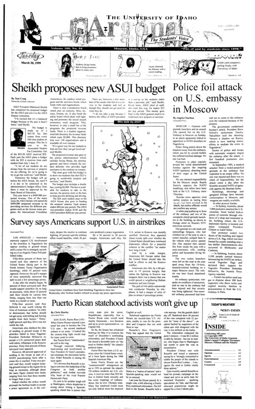 Sheikh proposes new ASUI budget; Police foil attack on U.S embassy in Moscow; Survey says Americans support U.S in airstrikes; Puerto Rican statehood activists won't give up; Former student leader returns to France (p2); UI in bed with credit card companies (p4); Fastpitch softball just getting off the ground (p5); Orioles defeat Cuba 3-2 in 11 innings (p5); Vandal men's tennis gets burned in california (p5);
