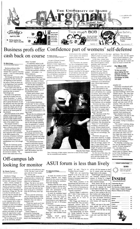 Business profs offer cash back on course; Confidence part of womens' self-defense; Off campus lab looking for monitor;ASUI forum is less than lively; Vandals have trio of talent at runningback, even without thomas (p5); Keanu plays dumb in Matrix, does great (p7); Koch steps down for Mr.Judge judy (p8);
