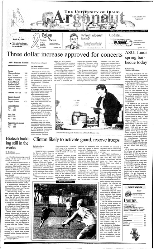 Three dollar increase approved for concerts; ASUI funds spring barbecue today; Biotech building still in the works; Clinton likely to activate guard, reserve troops; Does media encourage sexual assault (p4); Vandals men's Tennis smash Bulldogs 6-1 (p6); Women's golf outpaces competition in Spring invitational (p6);