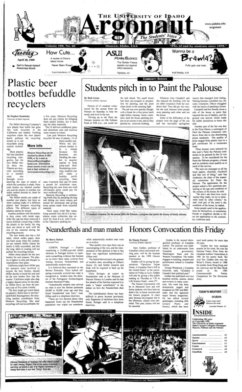 Plastic beer bottles befuddle recyclers; Students pitch in to Paint the palouse; Neanderthals and man mated; Honors Convocation this Friday; UI men's Golf takes second at Inland challenge (p5); Offense dominates football's second scrimmage (p5); Former Boise state athlete named to hall of fame (p6);