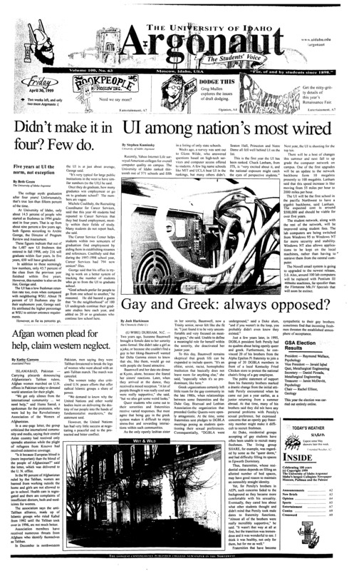Didn't make it in four? Few do: Five years at UI the norm, not exception; UI among nation's most weird; Gay and Greek, always opposed?; Afgan women plead for help, claim western neglect; Women tell of 3-day ordeal in Kosovo (p2); Where are the tears for the Serbians? (p4); Line backers locked and loaded with speed (p5);