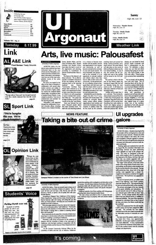 Arts, live music, Palousafest; Taking a bite out of crime; Ui upgrades galore; Kansas rejects theory of evolution (p6); NAACP demands oppurtunities (p8); Few obstacles for '99 Vandals (p10); Students forced to raise cash to school lunch , Sports programs (p12);