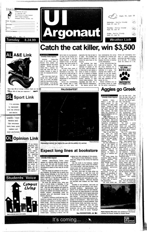 Catch the cat killer, $3,500; Aggies go Greek; Expect long lines at book stores; Residence hall check in a smashing success (p2); Turkish rushes to find earthquake survivors (p3); ID living on budget as Olympics approach (p8); Volleyball team revved up for season (p15); Intermural sports make life a game (p17); Jones, Green blaze to fast times in 100 meter heats (p18);