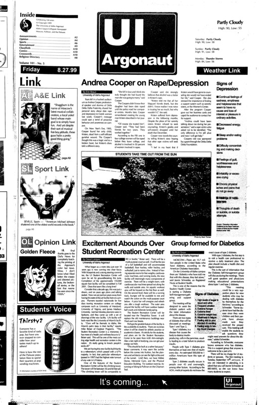 Andrea cooper on rape/depression; Students take time out from the sun; Excitement abounds over student recreation center; Group formed for diabetics; Teacher dies after being exposed to chemical (p2); Women's centers offers help to assault Victims (p3); Johnson shatters track's oldest record (p6); Mystery men are being themselves (p9);
