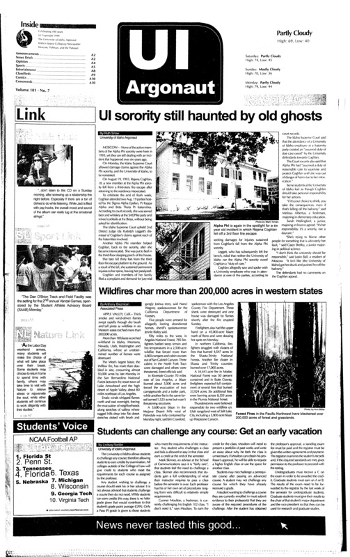 UI sorority still haunted by old ghosts; Wildfires char more than 200,000 acres in westren states; Students can challenge any course, get an early vacation; American democracy in crisis (p4); Governer's move may be turning point (p4); Athletes gather for second annual games (p5); One month left for the boys of summer (p6);