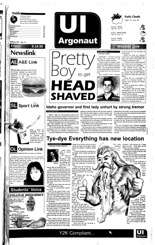 Pretty Boy to get head shaved; Idaho governor and first lady unhurt by strong tremor; Tye-dye everything has new location; Clinnton vetoes Republican tax bill (p2); Earth quake falls felt in Seattle (p3); Vandal bully bulldogs (p5); ABC getting $2 million for Super Bowl ads (p6);